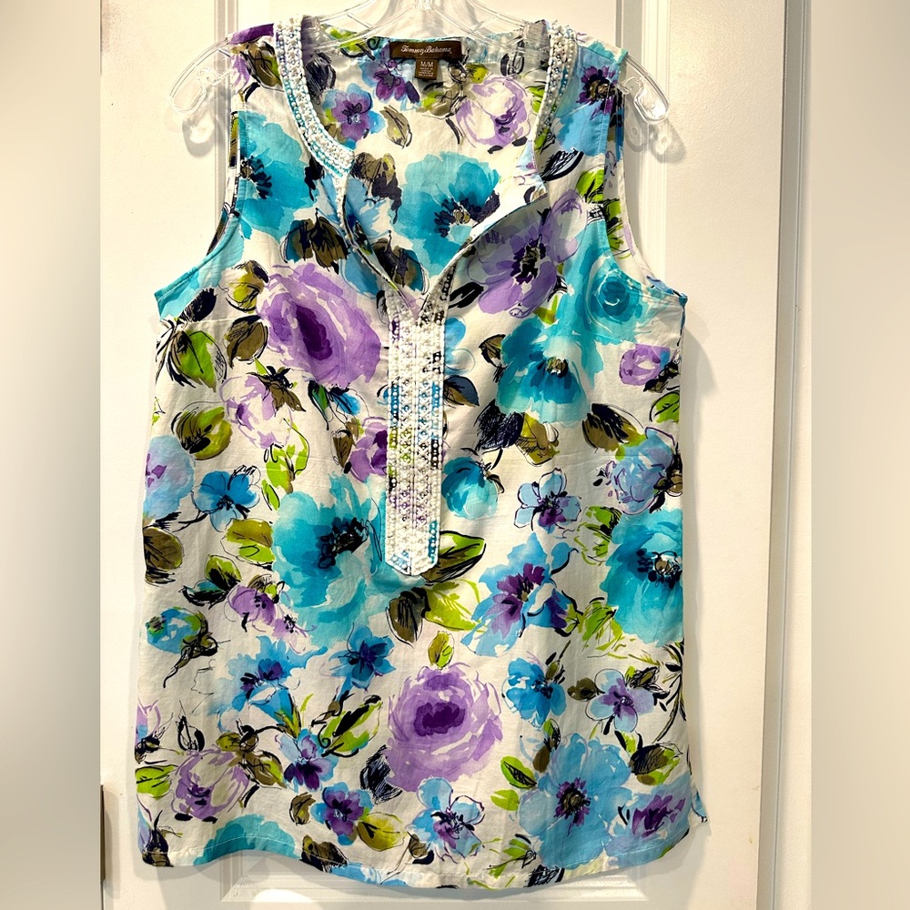 Tommy Bahama Beaded Floral Sleeveless Top, Size M